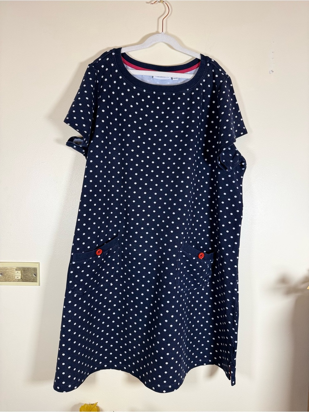Susan Graver Navy White Polka Dot Knit Dress Size 1X Red Button Pocket Detail